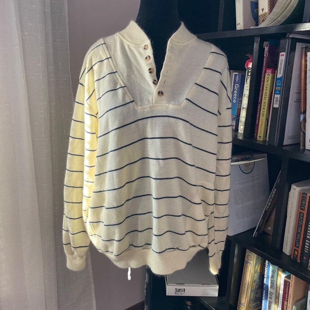 Vtg 90s Stats Navy Cream 1/4 Button Sweater Cotton Nautical Sailing L Men Preppy
